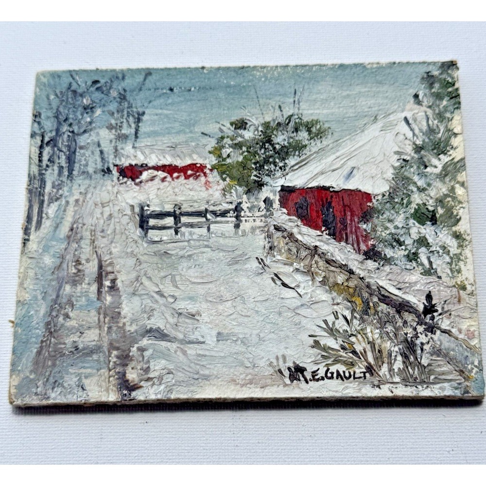 VTG Mini Impasto Oil Painting Snow Covered Farm Red Barn Signed GAULT 5"X4"